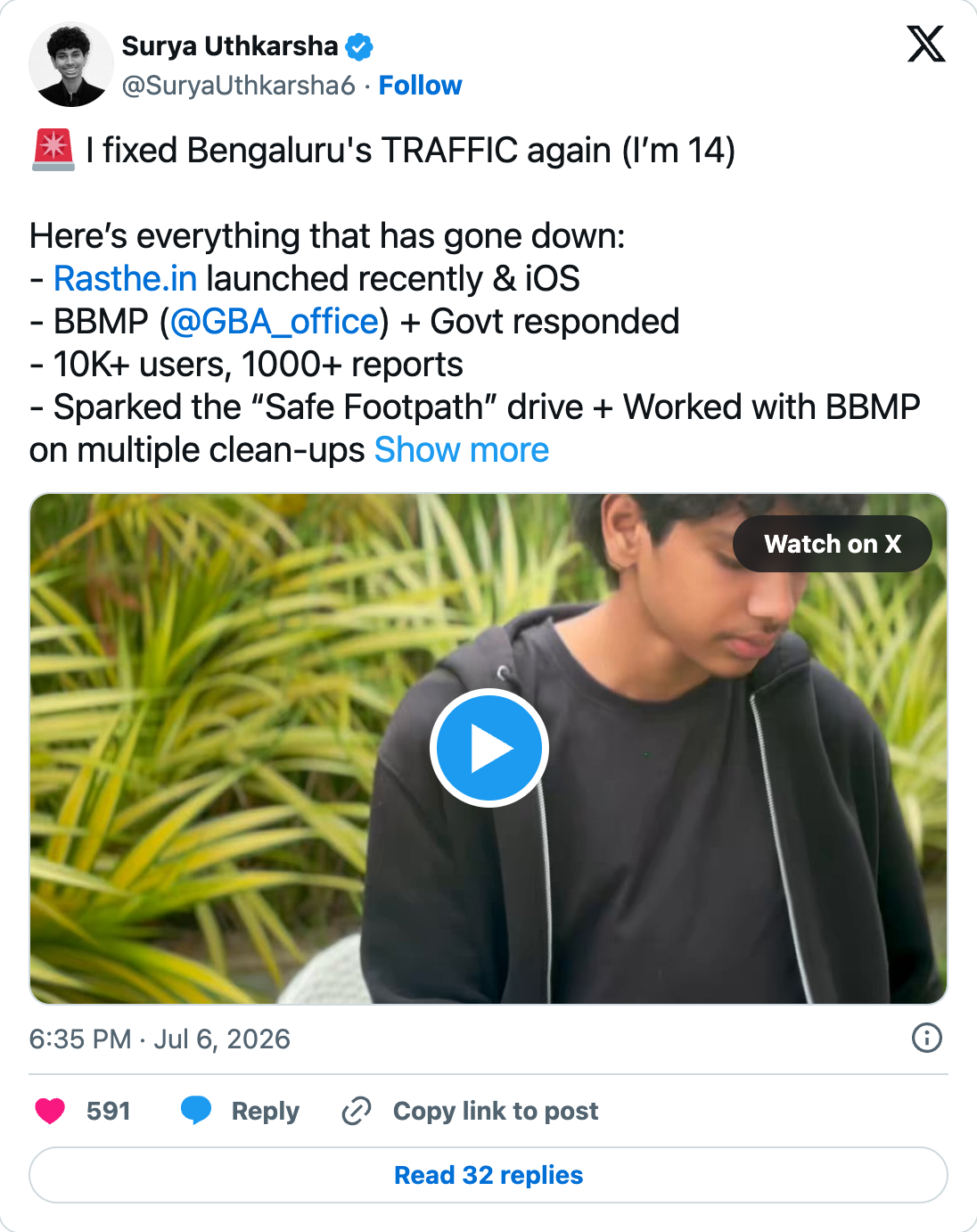 Screenshot of Surya Uthkarsha's RASTHE civic-response milestone post on X