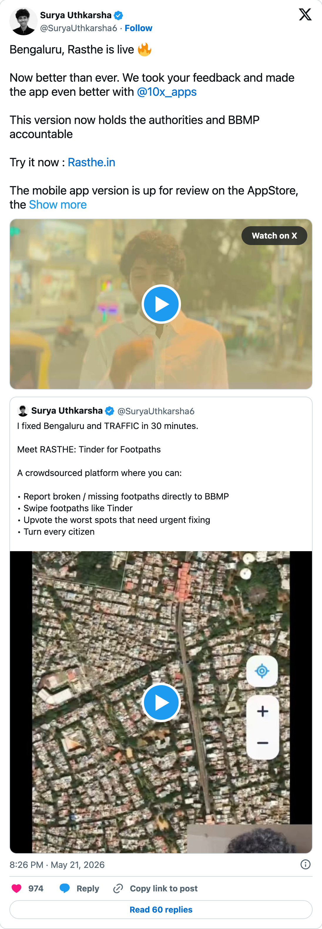 Screenshot of Surya Uthkarsha's RASTHE relaunch post on X
