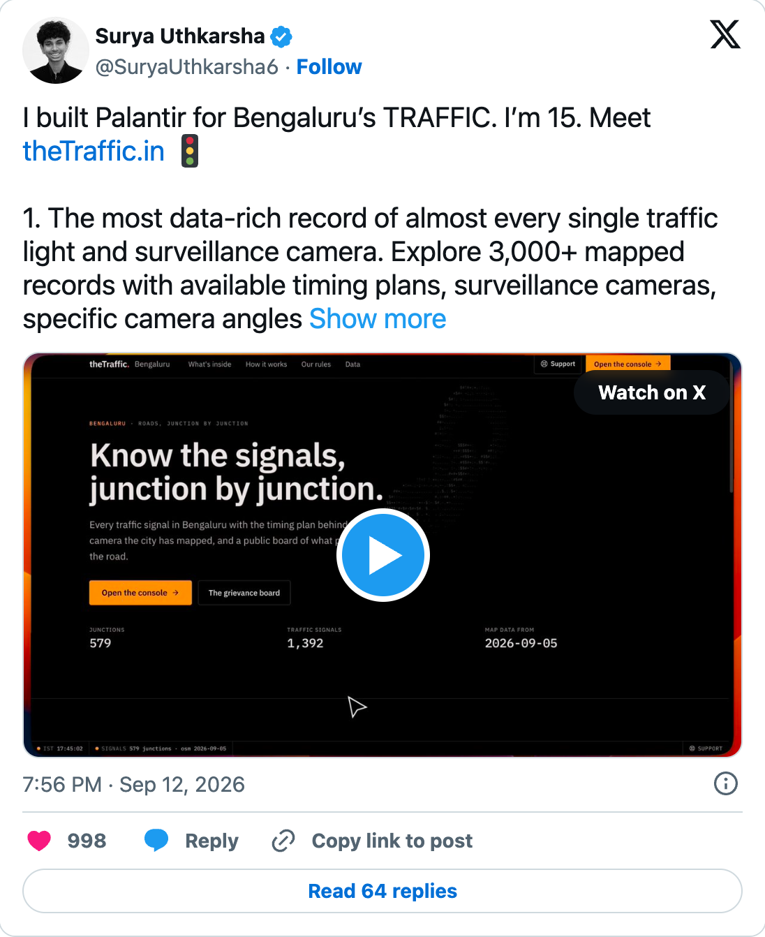 Screenshot of Surya Uthkarsha's theTraffic.in launch post on X