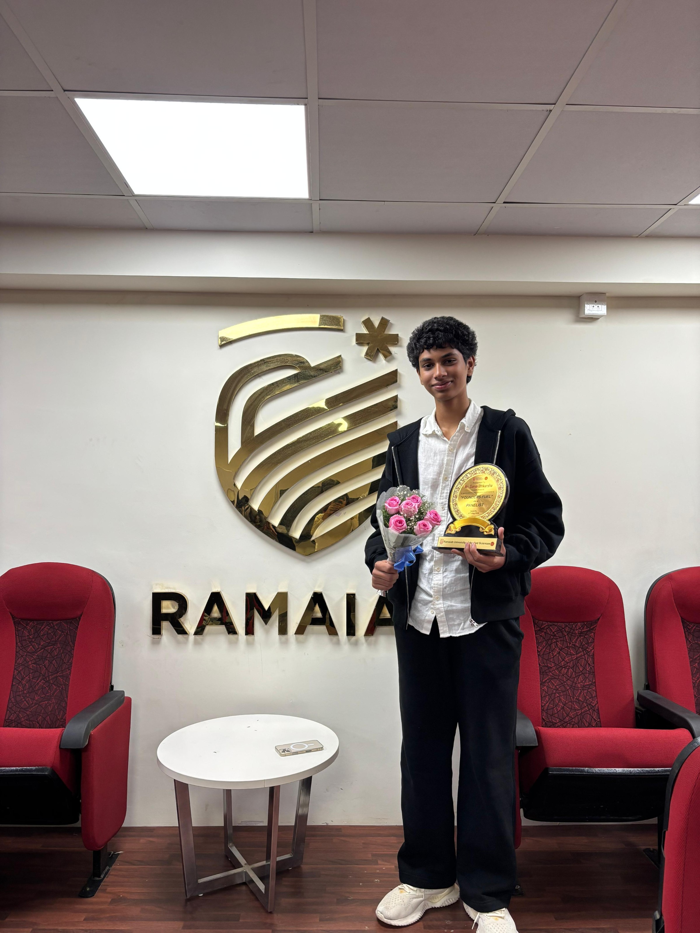 Surya Uthkarsha with his Founders Fuel recognition at Ramaiah University of Applied Sciences